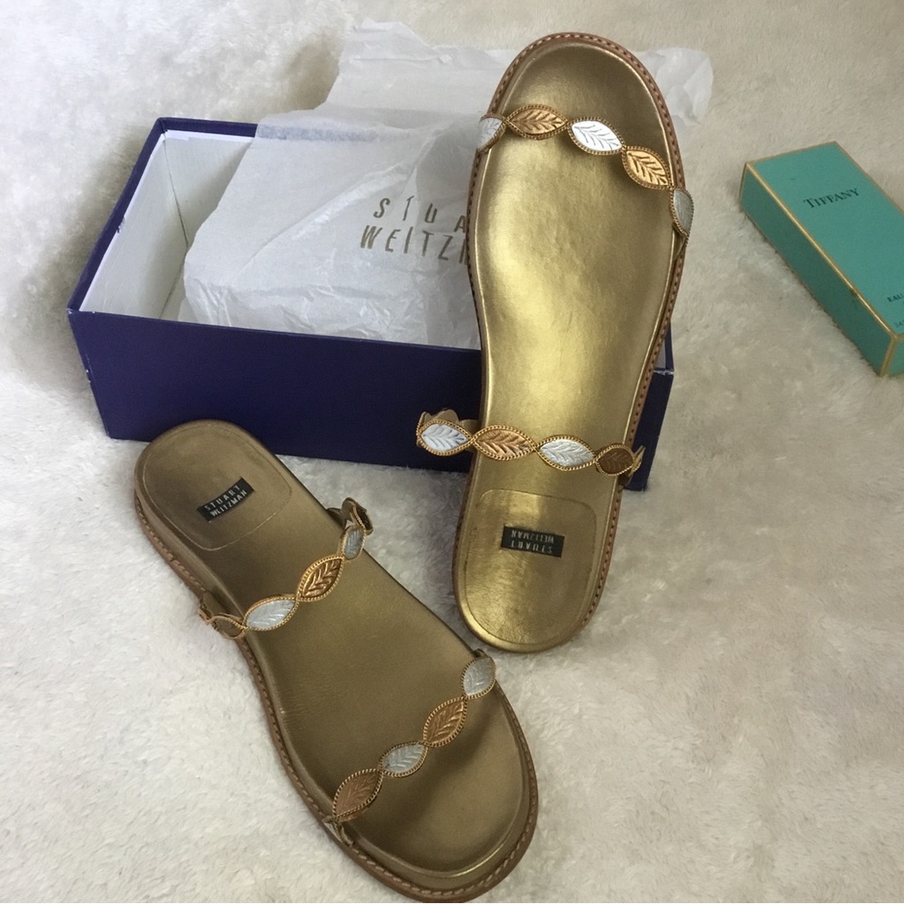 Stuart Weitzman Belief Bronze Silver Genuine Napa Leather Two Band Slide Sandals